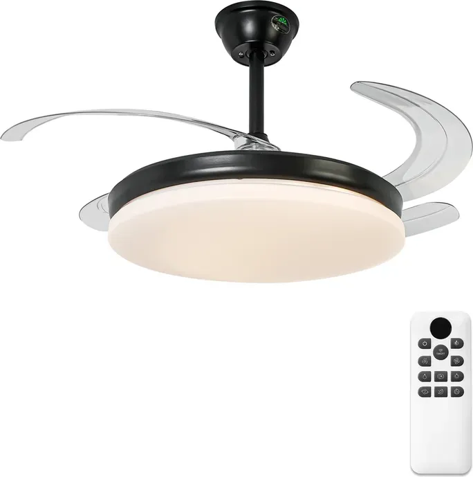 Parrot Uncle Deckenventilator mit Licht und einziehbaren Flügeln, 36W DC-Motor, Schwarz - Rundes Design