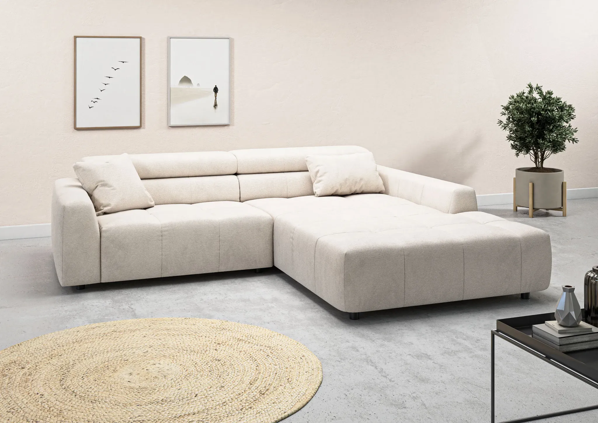 Ecksofa 3C CANDY "Denver auch mit Cord- und Easy care-Bezug, Kopfteilverstellung L-Form", weiß, B:258cm H:68cm T:217cm, 95% Polyester, 5% Nylon, Sofas, wahlweise. mit motorischer Sitztiefenverstellung