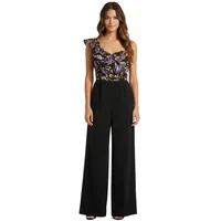 stylischer Overall extravaganter Damen Jumpsuit mit weitem Bein und Volant und Blumen Silvester Einteiler 970821 Schwarz - 44
