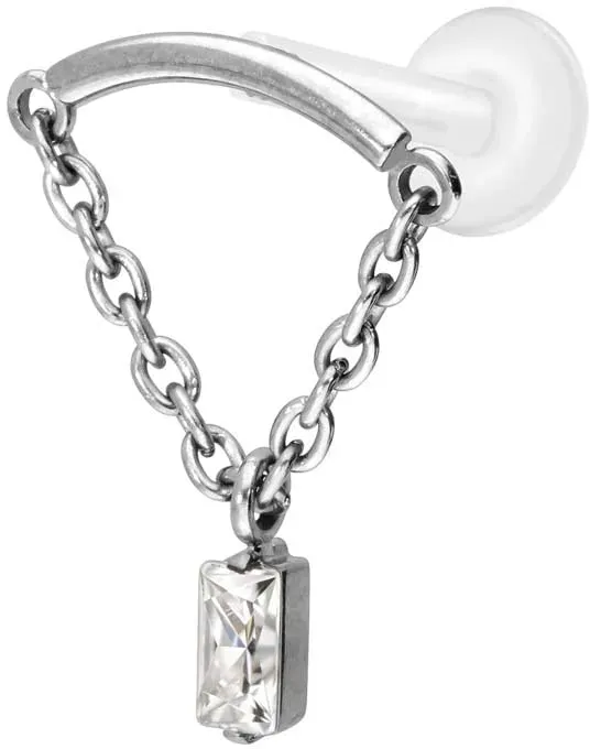 PTFE Labret mit Innengewinde + Titan-Aufsatz BOGEN + KETTE + KRISTALLRECHTECK