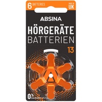 ABSINA Hörgerätebatterien 13 6 Stück mit gut greifbarer Schutzfolie - Hörgeräte Batterien 13 Zink Luft mit 1,45V - Typ 13 Batterien Hörgeräte Orange - PR48 ZL2 P13 Hörgerätebatterien