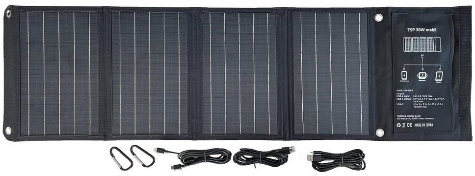 TELESTAR TSP 30W Solarmodul/Solarpanel mobil für Smartphone/Tablet Solarakkus 100-500-1, Aufladung von bis zu 3 Geräten gleichzeitig möglich schwarz