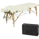 Lestarain Mobile Massageliege, Massagebank klappbar höhenverstellbar, tragbarer Massagetisch mit 2 Zonen, Kosmetikliege, mit Kopfstütze Armlehnen, inkl. Aufberahrungstasche, Holz, Creme, LNOG0003