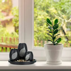 Relaxdays Teelichthalter Set mit Tablett & Steinen,  Ø 19,5 cm, Tischdeko Wohn- & Esszimmer, Kerzenhalter, schwarz/braun