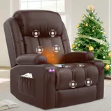 BareTay Fernsehsessel Massagesessel Elektrisch Relaxsessel mit Liegefunktion Aufstehhilfe, Massage Heizung, Fußteil, Getränkehalter 4 Seitentaschen,TYP C & USB-Anschlüsse Leder Sessel