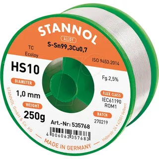 Stannol HS10 2510 Lötzinn, bleifrei Spule Sn99,3Cu0,7 250g 1mm