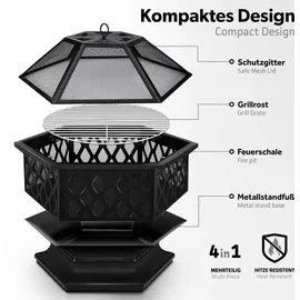 tillvex Feuerschale mit Funkenschutz & Grillrost Feuerstelle Outdoor für den Garten 4 in 1 BBQ Grill mit Abdeckung, Schürhaken, Zange | Kohlerost |