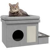 PawHut Katzenhöhle, Katzenhaus, Katzenhütte mit 2 Edelstahlnäpfen, Katzenbett mit Kissen, Kratzmatte, Hundehaus für Katzen und Hunde bis 8 kg, Polyester, 78 x 48 x 49,5 cm, Grau