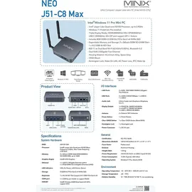 MINIX Mini-PC NEO J51-C8 Max 2023 4K Ultra HD Intel Celeron N5105 2,0 GHz 8 GB RAM 512 GB SSD Intel UHD Graphics Windows 11 Pro