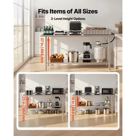 Vevor Edelstahltisch Gastro 1829 x 610 x 894 mm, Verstellbarer Edelstahltisch mit Aufkantung, Arbeitstisch mit Grundboden für Restaurant Schwerlast Obere Ablage (263 kg) Untere Ablage (218 kg)