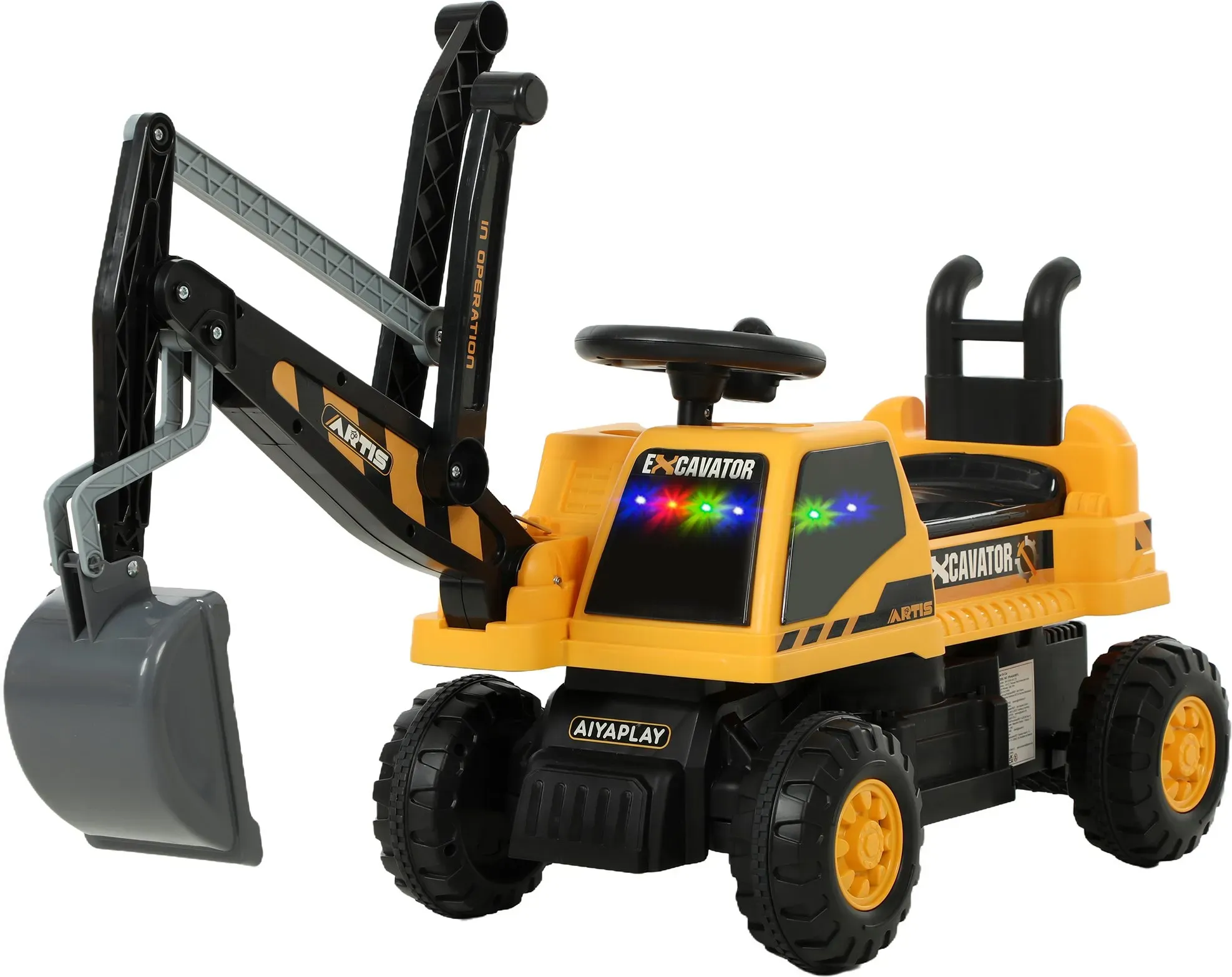 AIYAPLAY Sitzbagger Aufsitzbagger mit Schaufel Lenkrad Kinderbagger mit drehbar Aufbau verstellbar Rückenlehne Rutschauto Spielzeugbagger zum Sitzen bis 25kg, Draufsitzen für Kinder 1,5-3 Jahre Gelb   Aosom