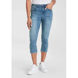 H.I.S. Caprijeans H.I.S, Damen, Gr. 36, N-Gr, blau (blau used 30), Denim/Jeans, Obermaterial: 98% Baumwolle, 2% Elasthan, schmal kniebedeckend, Jeans, schmale Beinform, krempelbare Beinabschlüsse, hohe Leibhöhe