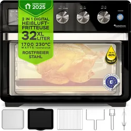 TURBO TRONIC TurboTronic digitaler Heißluftofen - XXL 32 Liter mit Drehspieß für Hähnchen 5 in1 Mini Backofen, Dörrer & Power Heißluftfritteuse Airfryer ab 25°C