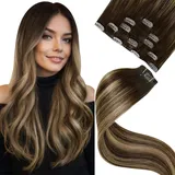 LaaVoo Extensions Clip in Echthaar Braun Balayage Clip in Extensions Echthaar Haarverlängerung Echthaar Clip 40cm Doppelt Tressen Clip Extensions Echthaar 70Gramm/5Stück