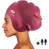 Alepo Extra Large Badekappe Damen Herren, Schwimmkappe Lange Haare Langlebige Silikon mit Ohrschutz, Unisex-Erwachsene Badehaube Bademütze für Dreadlocks Haarverlängerungen Afro Haarwebart(Burgund)