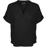 Vero Moda Damen Top Casual Splitneck umgeschlagene Ärmelbündchen Bluse Kurzarm, Farben:Schwarz, Größe:XS