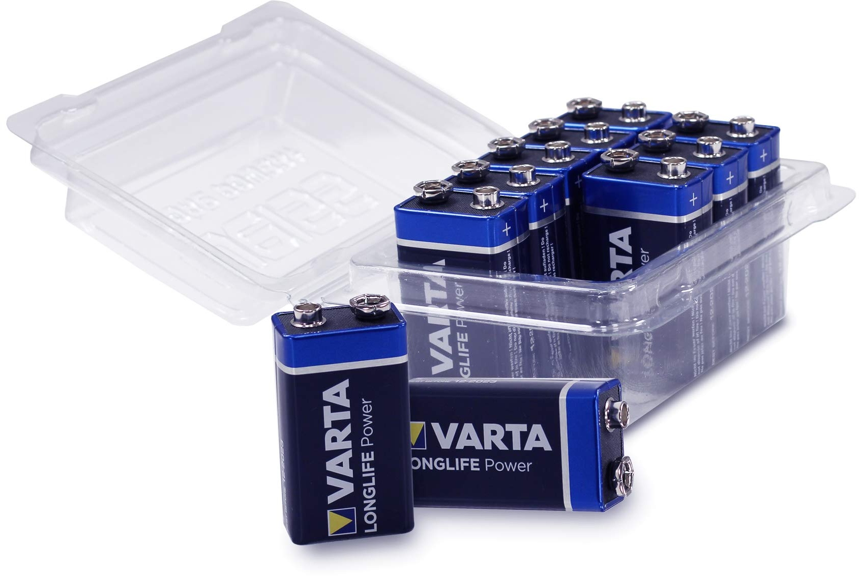 10er-Pack Varta 4922 LONGLIFE Power (vormals High Energy) 9V Block Batterie in Wiederverschließbarer Batteriebox von Weiss - More Power +, 10er Set
