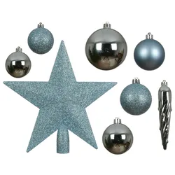33 Weihnachtskugeln Kunststoff mit Christbaumstern Set bruchsicher Christbaumkugeln Weihnachtsbaumkugeln Christbaumspitze Christbaumschmuck Eisblau