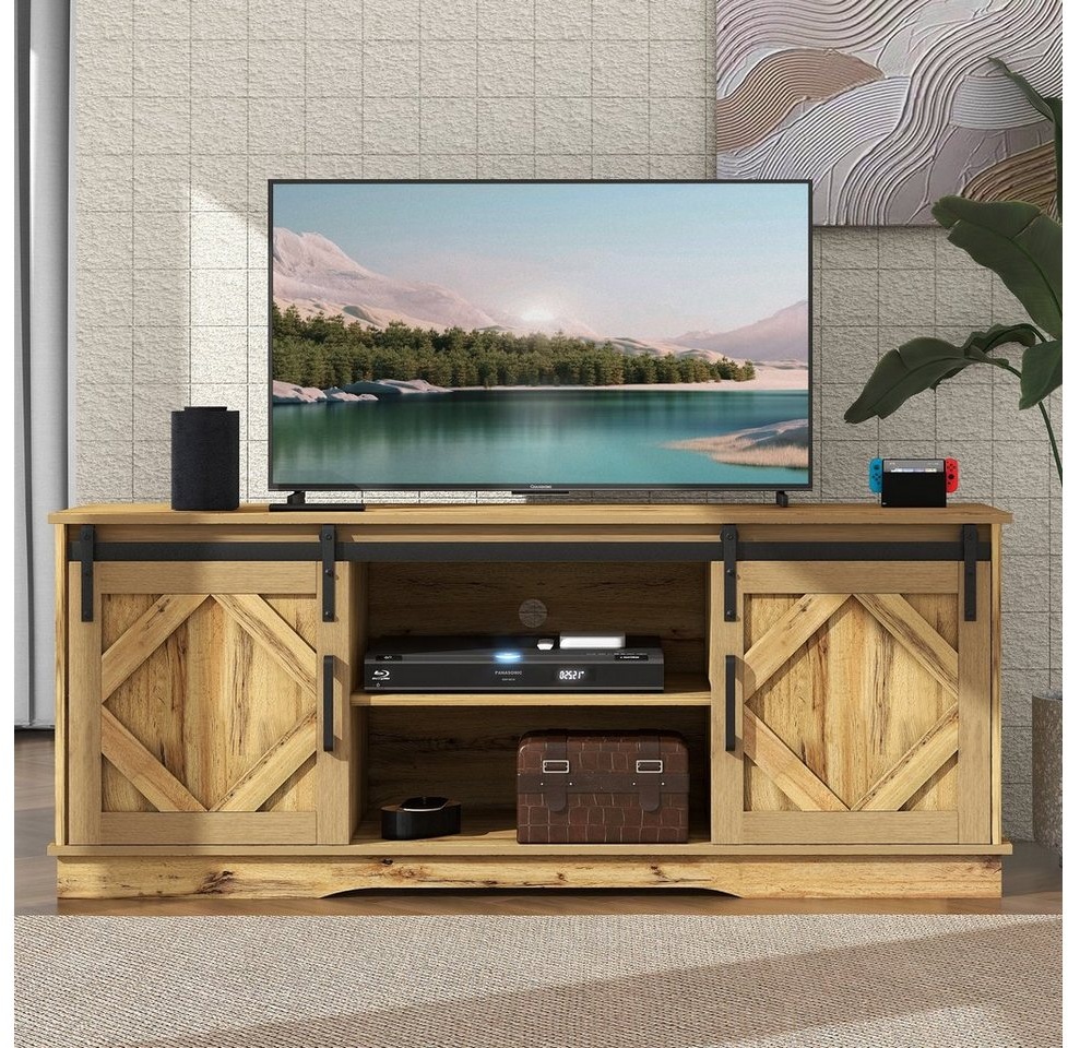Merax Lowboard TV-Schrank, Fernsehtisch mit Schiebtüren, TV-Schrank, Sideboard, TV-Board mit Schiebtüren, B/H/T:150/60/40cm beige 150 cm x 60 cm x 40 cm
