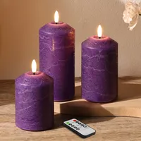 Girimax Lila flammenlose Stumpenkerzen mit Fernbedienung, Echtwachs, Weihnachten, LED-Kerzen, batteriebetrieben, flackernd, 3 Stück