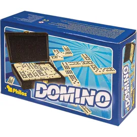 Philos Domino, Doppel 9, in Box mit Walnussoptik, Holz/Kunststoff, Legespiel