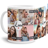 Tasse mit Spruch Love zum SELBSTGESTALTEN mit Foto-Collage für 8 WUNSCHFOTOS - Fototasse personalisiert - Persönliche Geschenkidee für Freunde und Familie - Weiß