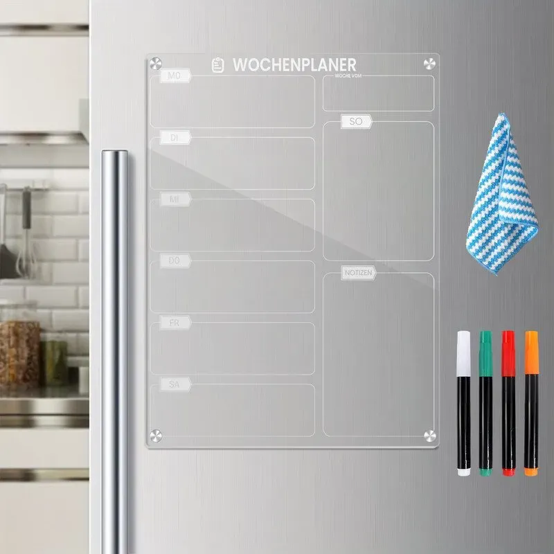 Alphynix 1 Stück deutscher Wochenplaner-Planenbrett, magnetischer Küchen-Organizer mit vorgeplanter Menüplan (Schnitzel, Spaghetti, Roulade), inklusive 4 Dry-Erase-Markern und Reinigungstuch