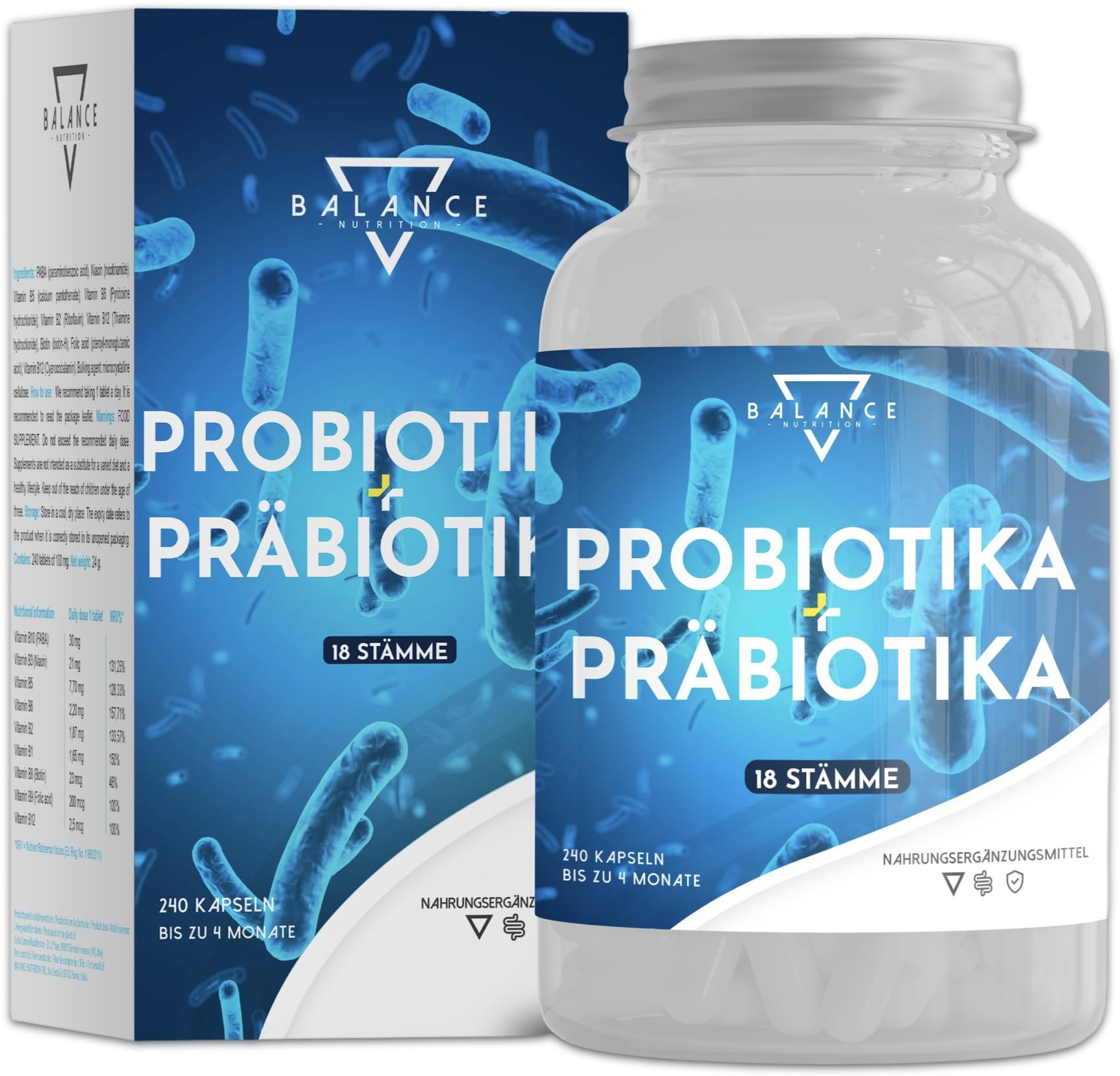 PROBIOTIKA UND PRÄBIOTIKA - 240 KAPSELN | Probiotika Darmsanierung | Probiotika Kapseln | Präbiotika, Verdauungsenzyme + Inulin | Darmflora Aufbau | Bis zu 20 Mrd KbE