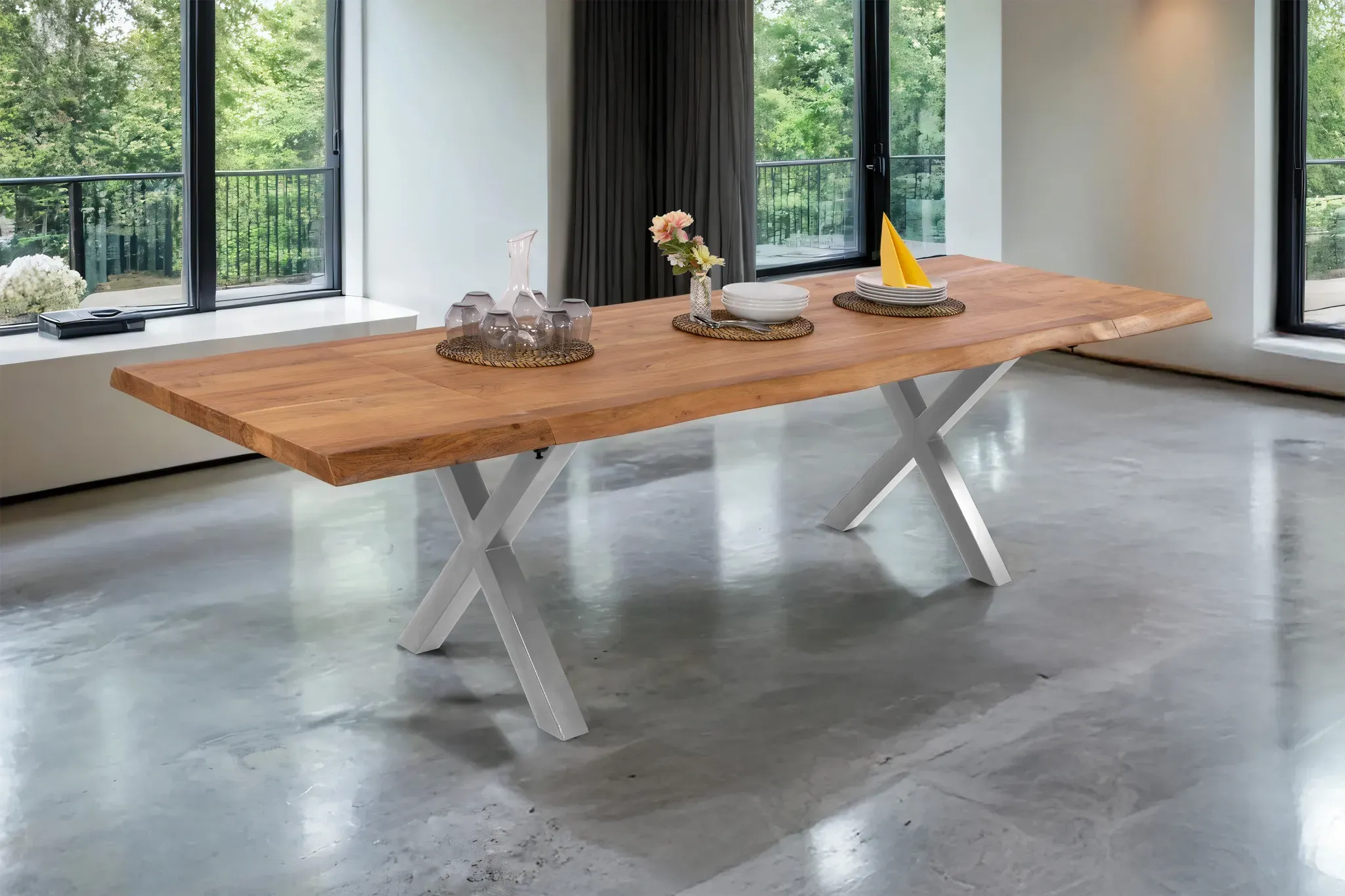 Esstisch mit Ansteckplatten 200(300)x100 cm Baumkante Akazie natur X-Gestell silber CALI