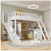 HAUSS SPOLE Hochbett 90x200cm mit Fallschutzgitter, Tisch und Kleiderschrank, Leiter, Weiß (Etagenbett mit Rutsche, Tisch & Kleiderschrank, 90x200 cm, Sicherheitsgitter & Schrägleiter, Weiß, Kiefer & MDF, Kinderzimmer Fun & Stauraum, 90x200cm) ohne Matratze