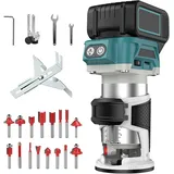 Akku Oberfräse Kompatibel mit Makita 18V Akku, 800W Akku Kantenfräse mit 16 Stück 1/4" Fräser Set, Bürstenloser Kantenfräser Tragbarer Handfräser dür Holzbearbeitung (Ohne Akku)