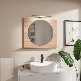 Badspiegel mit Beleuchtung und Ablage Eiche Sonoma H:60 x B: 70 cm Rund Spiegel ⌀55 cm Bathroom Mirror Moderner Badezimmer Spiegel Rechteckig Wandspiegel mit Regal LED-Gehäuse Schwarz