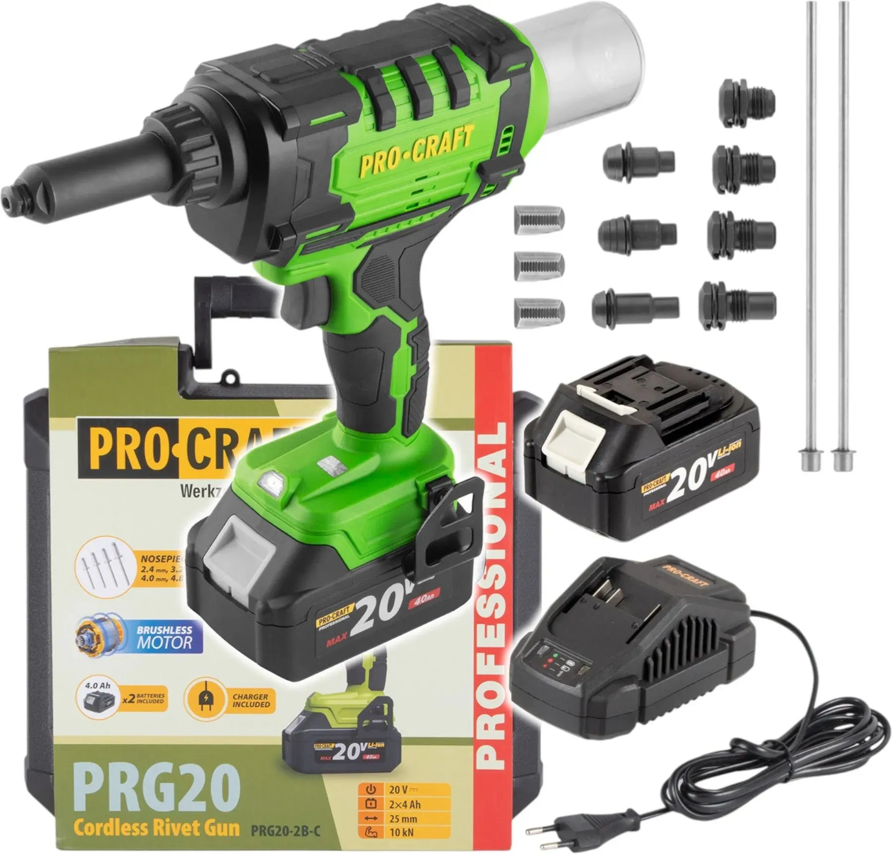 Procraft PRG20 Akku Blindnietpistole 20 V 10 kN 2,4 - 6 mm Brushless + 2x Akku 4,0 Ah + Ladegerät + Koffer
