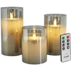 Candela Lights LED Kerzenglas 3er Set Grau Echtwachs inkl. Glas mit Fernbedienung Timer Funktion & mehrstufig dimmbar bewegliche Flamme Echtwachskerzen