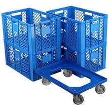 Logiplast 4 Stück Bäckerkisten 600 x 400 x 320 mm + 1 Transportroller in blau
