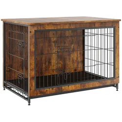 VEVOR Hundekäfig 98x65x68cm Hundebox aus P2 und Q195 Vintage Beistelltisch Drahtkäfig Haustierkäfig mit 2 Türen, Auffangschale & Kissen Hundebox im Möbelstil Hundegitterbox