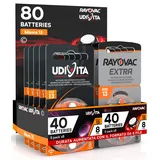 80 Hörgerätebatterien Größe 13 (PR48 - Orange) Zink-Luft mit Phono-Pulse-Technologie - 80 Batterien: 40 Udivita + 40 Rayovac