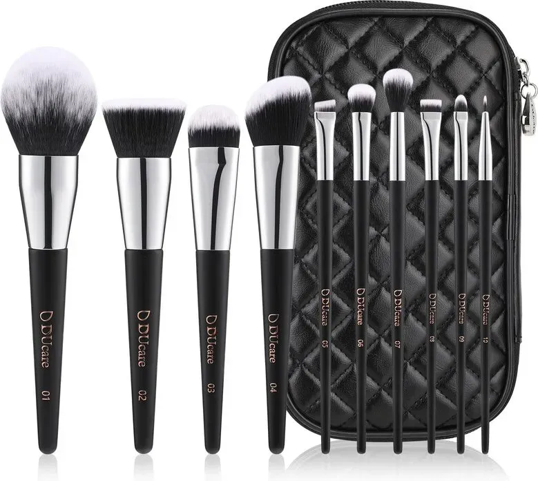 DUcare 10-teiliges Make-up-Pinsel-Set, schwarz kariert, mit Reißverschlussbeutel
