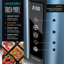Arendo Toaster Edelstahl, mit Brötchenaufsatz, Display - Touch, wärmeisoliert, verschiedene Schlitze