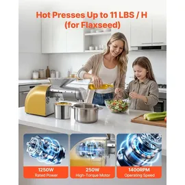 Vevor Elektrische Ölpresse 5 kg/h, Ölmühle 1250 W, Automatische Ölpressmaschine mit Heiß- und Kaltpressung & Reinigungsbürste, Ölmaschine für Erdnüsse, Sesam, Sojabohnen und Mandeln, Edelstahl