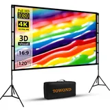 TOWOND Beamer Leinwand mit Stativ, Towond 120 Zoll Tragbare Indoor Outdoor Beamer Leinwand, Faltenfrei Rückseite Front 16:9 HD Faltbare Projektion Leinwand mit Tragetasche für Haus Hinterhof Theater Nächte