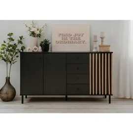 Die Möbelfundgrube Sideboard schwarz Artisan, Eiche - 4 Schubladen, 160 cm, - MONZA