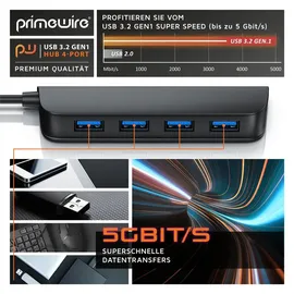 Primewire aktiver 4 Port USB 3.2 Gen1 Hub, Verteiler mit Netzteil, leicht, hohe Transportabilität, USB-Adapter