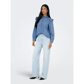 Only Jeansbluse "ONLPIPER L/S EMB FRILL DNM SHIRT QYT", Damen, Gr. S, blau (medium blau denim), Web, Obermaterial: 65% Baumwolle, 35% Lyocell, unifarben, regular fit normal, Blusen Jeansbluse, mit Rüschen