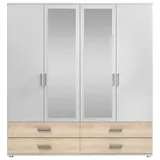 SchlafKONTOR Kleiderschrank mit Spiegel", Weiß, Sonoma eiche Holzwerkstoff, 2 Fächer, 4 Schubladen, 180x190x51 cm (B/H/T)
