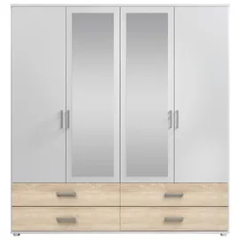 SchlafKONTOR Kleiderschrank mit Spiegel", Weiß, Sonoma eiche Holzwerkstoff, 2 Fächer, 4 Schubladen, 180x190x51 cm (B/H/T)