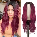 FESHFEN Lange Lockige Perücke, 55 cm Schwarz bis Burgungy Perücke Mittelscheitel Frauen Perücken Natürlich Synthetik Perücken Damen Locken Wavy Wig für Party Täglich