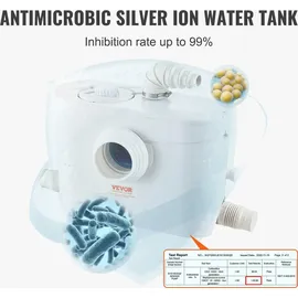 Vevor Hebeanlage, 700 W, 9600 l/h Durchfluss, 10 m Förderhöhe, Zerkleinerer-Abwasserpumpe mit 3 Wassereinlässen für Toilette, Keller, Küche, W...