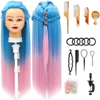 Trainingsköpfe, 28 inch Frisierkopf für Frisöre 100% Synthetikfaser-Haar Übungskopf,mit DIY Stricken Kit und kostenlose Tabelle Clips (Blue Pink)