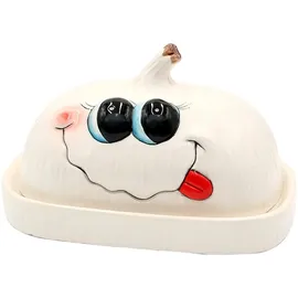 Dekohelden24 Keramik Butterdose / Butterbehälter in weiß - Knoblauch - Größe L/B/H: ca. 17 x 11,5 x 10 cm